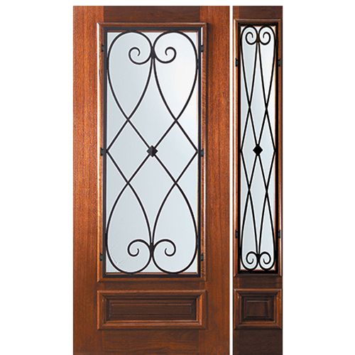 6'-8" Tall Mahogany 3/4 Lite Door and One Sidelite with Charleston Wrought Iron Grille