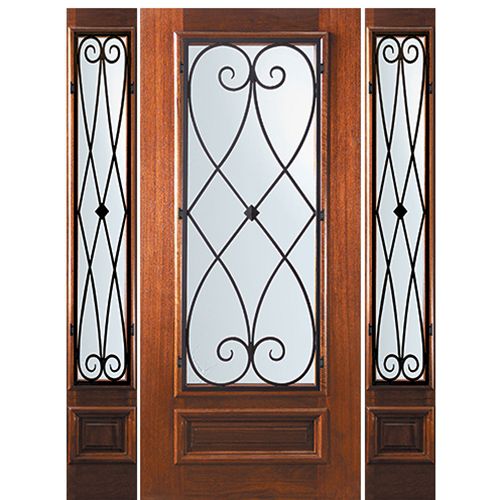 6'-8" Tall Mahogany 3/4 Lite Door and Two Sidelites with Charleston Wrought Iron Grille