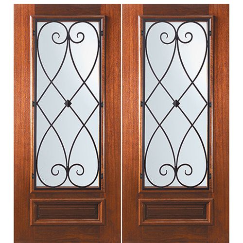 6'-8" Tall Mahogany 3/4 Lite Double Doors with Charleston Wrought Iron Grille