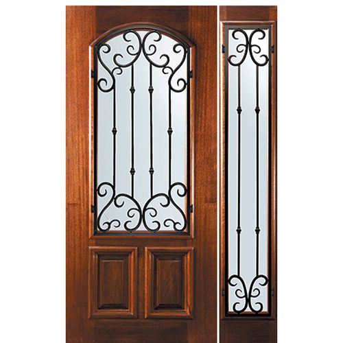 6'-8" Tall Mahogany Arch Lite Door and One Sidelite with Valencia Wrought Iron Grille