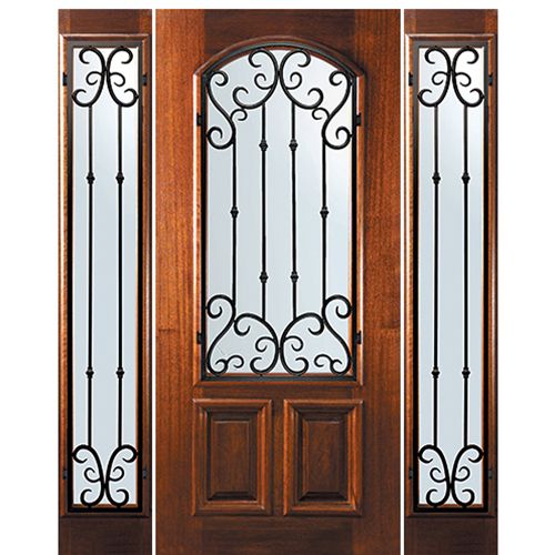 6'-8" Tall Mahogany Arch Lite Door and Two Sidelites with Valencia Wrought Iron Grille