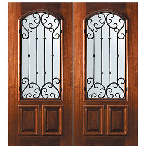 6'-8" Tall Mahogany Arch Lite Double Doors with Valencia Wrought Iron Grille