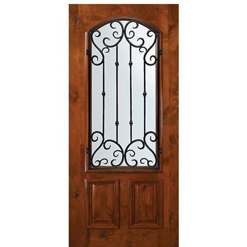 6'-8" Tall Knotty Alder Arch Lite Door with Valencia Wrought Iron Grille