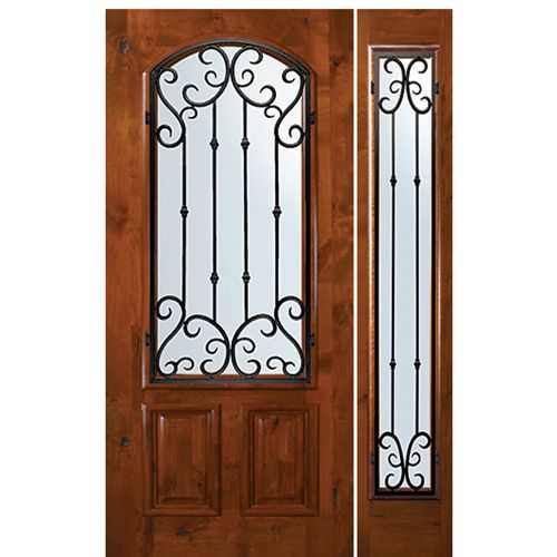 6'-8" Tall Knotty Alder Arch Lite Door and One Sidelite with Valencia Wrought Iron Grille