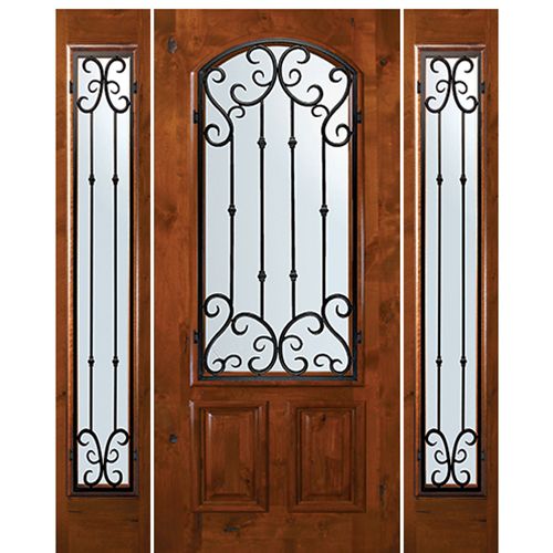 6'-8" Tall Knotty Alder Arch Lite Door and Two Sidelites with Valencia Wrought Iron Grille