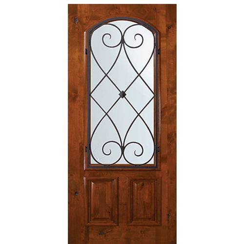 6'-8" Tall Knotty Alder Arch Lite Door with Charleston Wrought Iron Grille