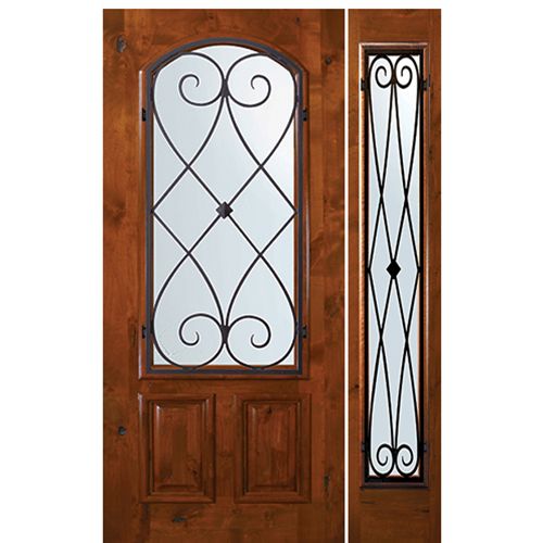 6'-8" Tall Knotty Alder Arch Lite Door and One Sidelite with Charleston Wrought Iron Grille