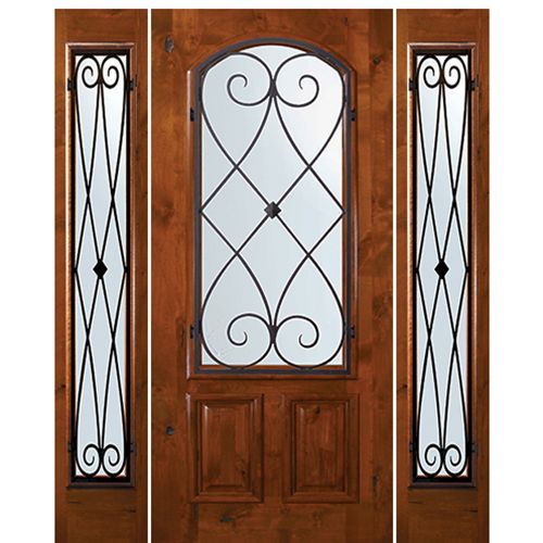 6'-8" Tall Knotty Alder Arch Lite Door and Two Sidelites with Charleston Wrought Iron Grille