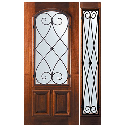 6'-8" Tall Mahogany Arch Lite Door and One Sidelite with Charleston Wrought Iron Grille