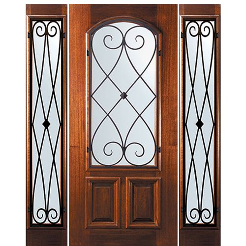 6'-8" Tall Mahogany Arch Lite Door and Two Sidelites with Charleston Wrought Iron Grille