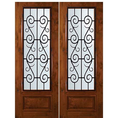 8'-0" Tall Knotty Alder 3/4 Lite Double Doors with St. Charles Wrought Iron Grille