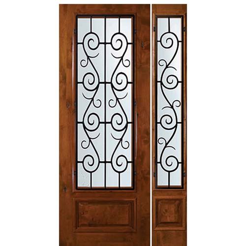 8'-0" Tall Knotty Alder 3/4 Lite Door and One Sidelite with St. Charles Wrought Iron Grille