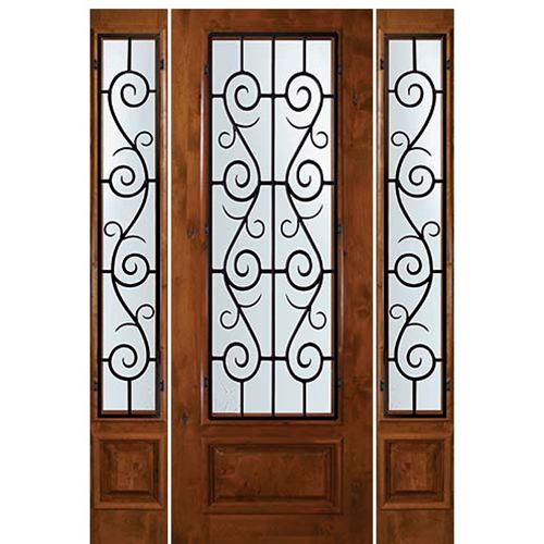 8'-0" Tall Knotty Alder 3/4 Lite Door and Two Sidelites with St. Charles Wrought Iron Grille