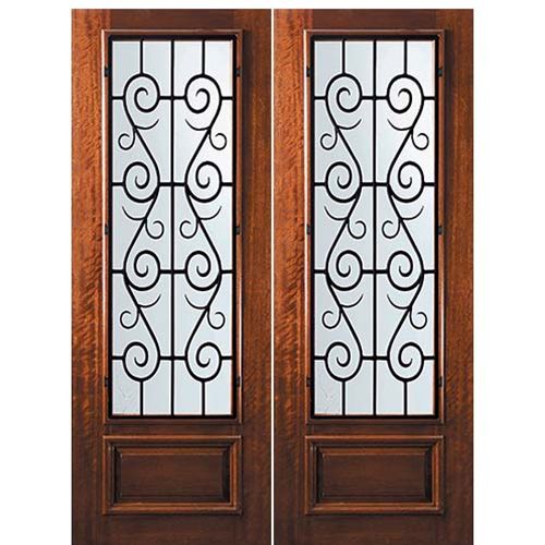 8'-0" Tall Mahogany 3/4 Lite Double Doors with St. Charles Wrought Iron Grille