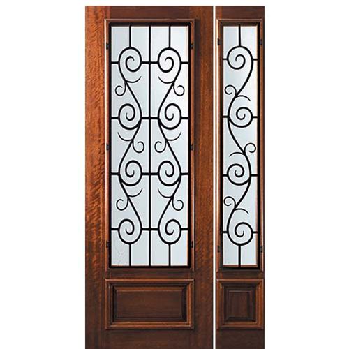 8'-0" Tall Mahogany 3/4 Lite Door and One Sidelite with St. Charles Wrought Iron Grille