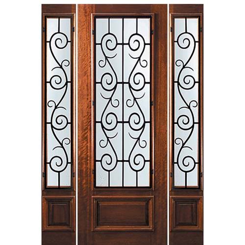 8'-0" Tall Mahogany 3/4 Lite Door and Two Sidelites with St. Charles Wrought Iron Grille