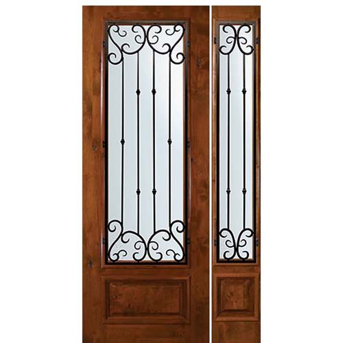 8'-0" Tall Knotty Alder 3/4 Lite Door and One Sidelite with Valencia Wrought Iron Grille