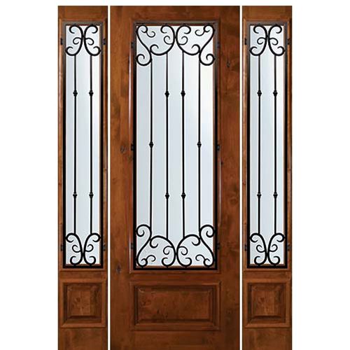 8'-0" Tall Knotty Alder 3/4 Lite Door and Two Sidelites with Valencia Wrought Iron Grille