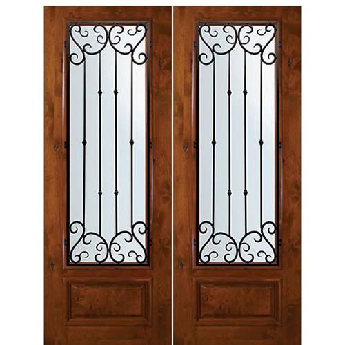 8'-0" Tall Knotty Alder 3/4 Lite Double Doors with Valencia Wrought Iron Grille