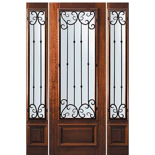 8'-0" Tall Mahogany 3/4 Lite Door and Two Sidelites with Valencia Wrought Iron Grille