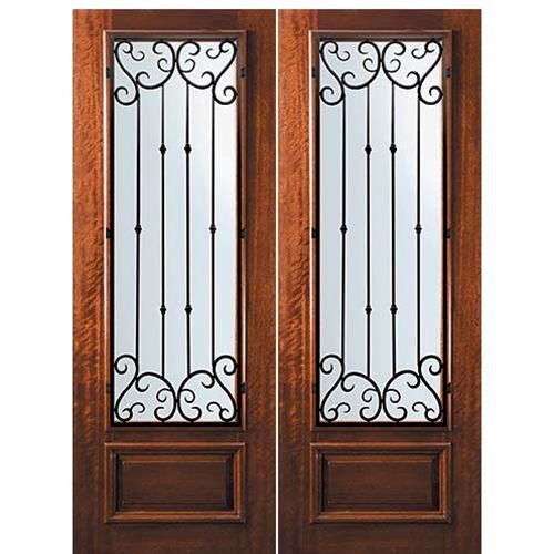 8'-0" Tall Mahogany 3/4 Lite Double Doors with Valencia Wrought Iron Grille