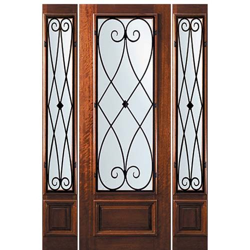 8'-0" Tall Mahogany 3/4 Lite Door and Two Sidelites with Charleston Wrought Iron Grille