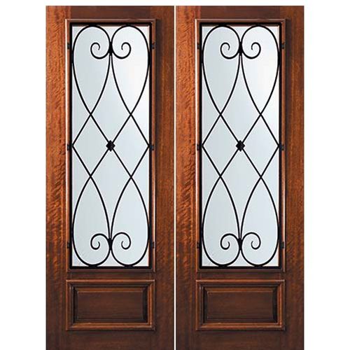 8'-0" Tall Mahogany 3/4 Lite Double Doors with Charleston Wrought Iron Grille