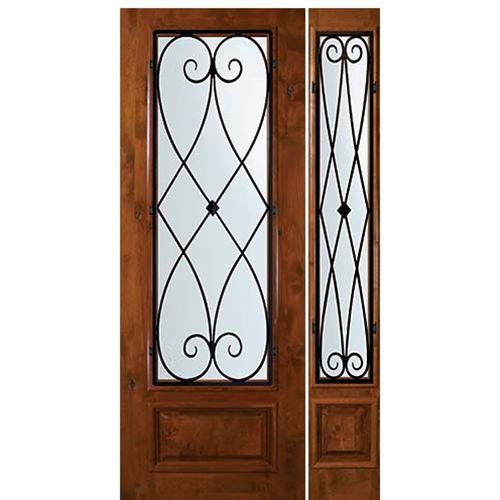 8'-0" Tall Knotty Alder 3/4 Lite Door and One Sidelite with Charleston Wrought Iron Grille