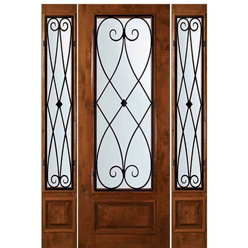 8'-0" Tall Knotty Alder 3/4 Lite Door and Two Sidelites with Charleston Wrought Iron Grille