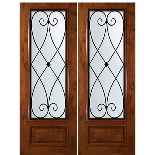 8'-0" Tall Knotty Alder 3/4 Lite Double Doors with Charleston Wrought Iron Grille