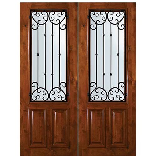 8'-0" Tall Knotty Alder 2/3 Lite Double Doors with Valencia Wrought Iron Grille