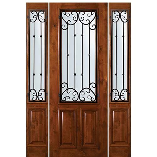 8'-0" Tall Knotty Alder 2/3 Lite Door and Two Sidelites with Valencia Wrought Iron Grille