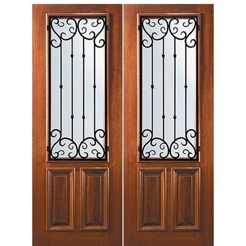 8'-0" Tall Mahogany 2/3 Lite Double Doors with Valencia Wrought Iron Grille