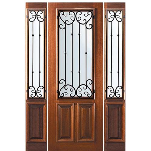 8'-0" Tall Mahogany 2/3 Lite Door and Two Sidelites with Valencia Wrought Iron Grille