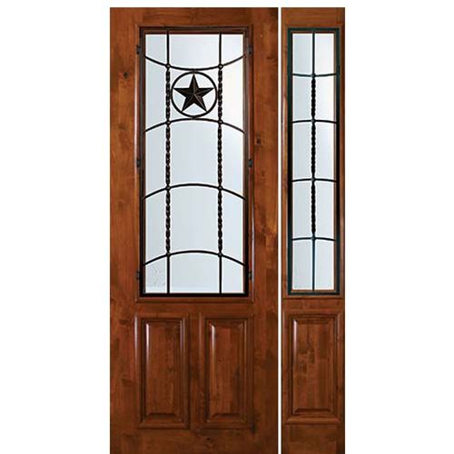 8'-0" Tall Knotty Alder 2/3 Lite Door and One Sidelite with Texan Lone Star Wrought Iron Grille