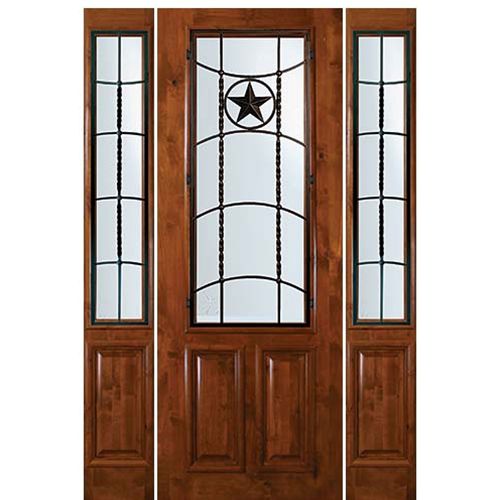 8'-0" Tall Knotty Alder 2/3 Lite Door and Two Sidelites with Texan Lone Star Wrought Iron Grille