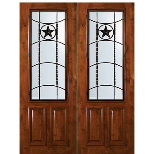 8'-0" Tall Knotty Alder 2/3 Lite Double Doors with Texan Lone Star Wrought Iron Grille