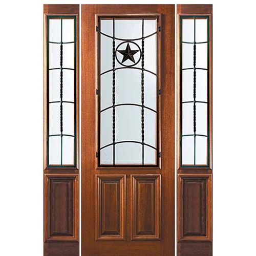 8'-0" Tall Mahogany 2/3 Lite Door and Two Sidelites with Texan Lone Star Wrought Iron Grille