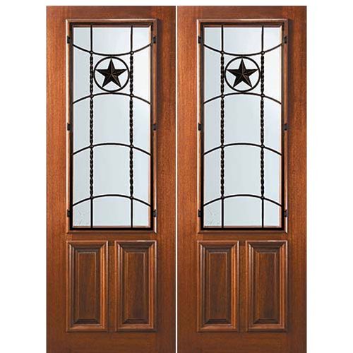 8'-0" Tall Mahogany 2/3 Lite Double Doors with Texan Lone Star Wrought Iron Grille