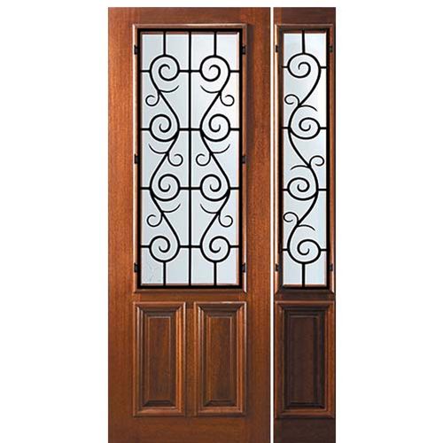 8'-0" Tall Mahogany 2/3 Lite Door and One Sidelite with St. Charles Wrought Iron Grille