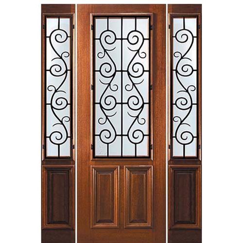 8'-0" Tall Mahogany 2/3 Lite Door and Two Sidelites with St. Charles Wrought Iron Grille