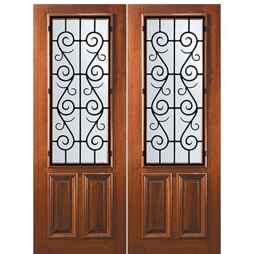 8'-0" Tall Mahogany 2/3 Lite Double Doors with St. Charles Wrought Iron Grille