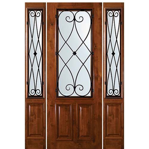 8'-0" Tall Knotty Alder 2/3 Lite Door and Two Sidelites with Charleston Wrought Iron Grille