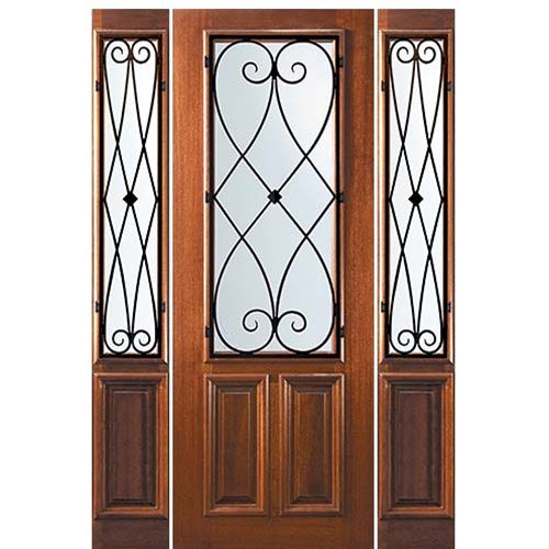 8'-0" Tall Mahogany 2/3 Lite Door and Two Sidelites with Charleston Wrought Iron Grille