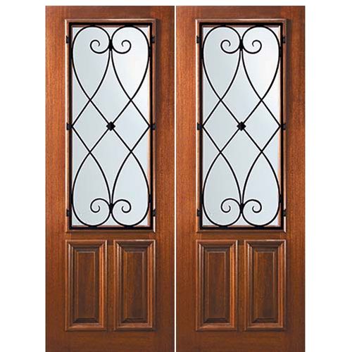 8'-0" Tall Mahogany 2/3 Lite Double Doors with Charleston Wrought Iron Grille