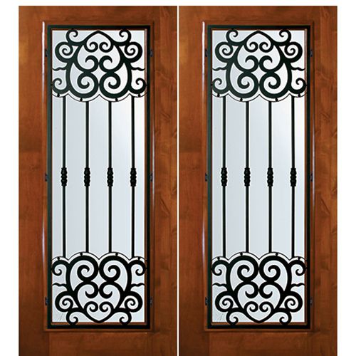 6'-8" Tall Knotty Alder Full Lite Double Doors with Barcelona Wrought Iron Grille