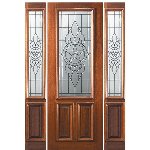 8'-0" 2/3 Lite Mahogany Wood Entry Door and Two Sidelites with Brazos Decorative Glass