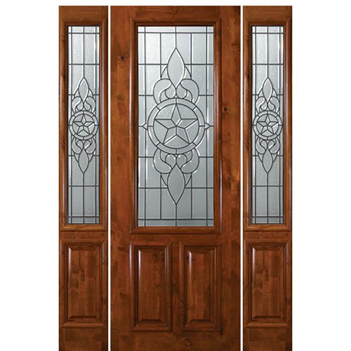 8'-0" 2/3 Lite Knotty Alder Wood Entry Door and Two Sidelites with Brazos Decorative Glass