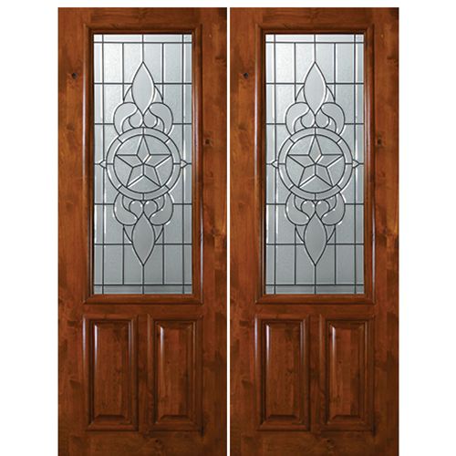 8'-0" 2/3 Lite Knotty Alder Wood Double Entry Door with Brazos Decorative Glass