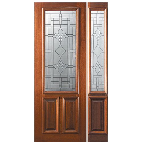 8'-0" 2/3 Lite Mahogany Wood Entry Door and One Sidelite with Marsala Decorative Glass